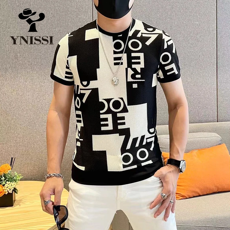 Summer T Shirt Men Short Sleeve Casual Social Tees Mesh Hollow Ice Silk Breathable Round Neck T-shirt Streetwear Men Clothing