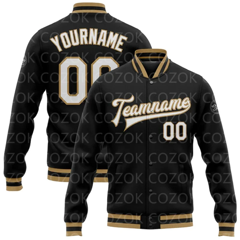 Custom Black Yellow 3D Printed Baseball Button Jacket Bomber Full-Snap Varsity Letterman Jacket