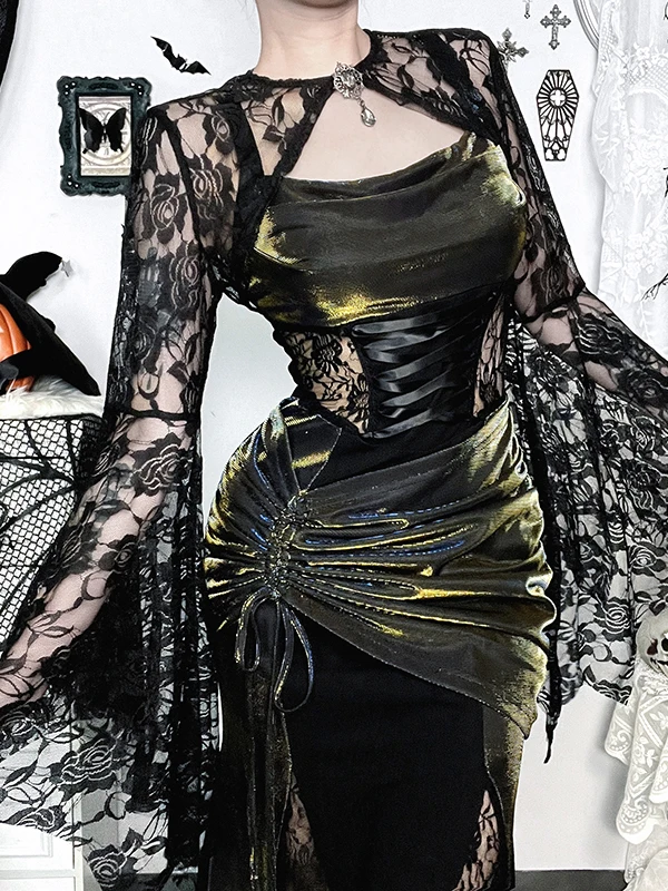 

Хэллоуин Готическая Ведьма Bla Dr And шил Комплект Кружевной накладной хвост Длинная юбка Сексуальное платье из полиэстера с высокой талией Fi Tail