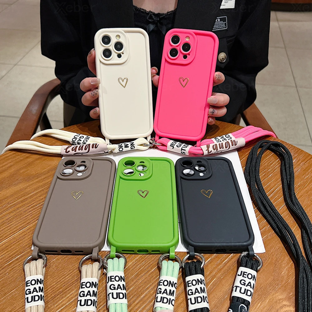 Funda de teléfono de silicona con correa de collar cruzado, funda mate más gruesa para iPhone 15, 13, 12, 11, 14 Pro Max, X, XR, XS Max, 7, 8 Plus