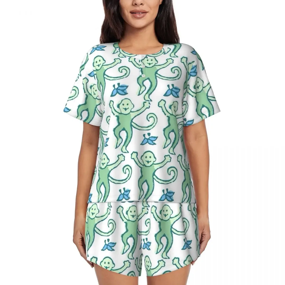 

Preppy Roller Monkeys Rabbit Anime Round Neck Short Sleeves Nightdress for Sleeping Women Loose Pajama Set Short Pants