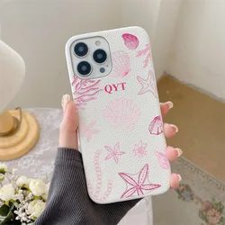 Personalised Letters Pebble Grain Leather Seashell Stars Cases for iphone 11 12 14 13 15 Pro Max X XR 16 Plus Luxury Hard Covers