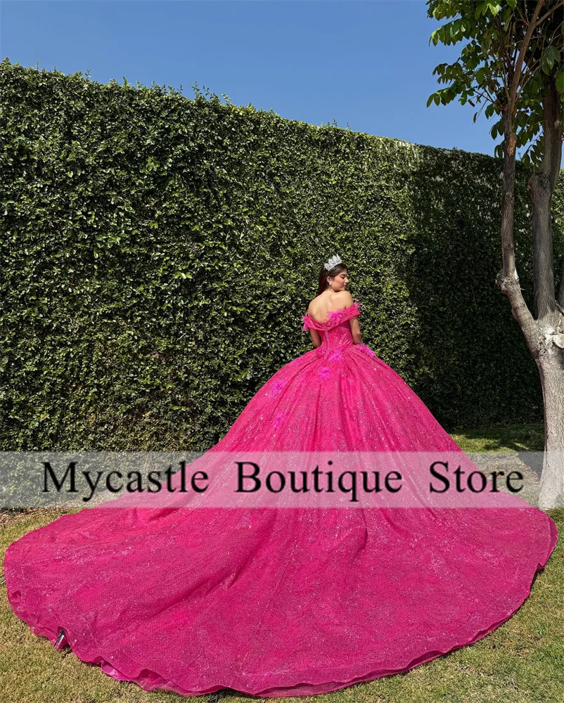 Hot Pink Tulle Off The Shoulder Ball Gown Quinceanera Dresses 2024 Mexican Feathers Appliques Princess Sweet 16 Dress