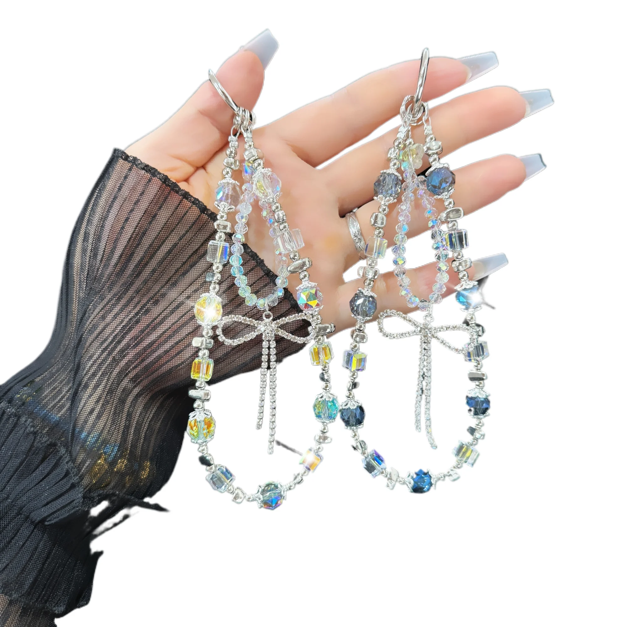 

Double-Chain Crystal Cube Diamond Bow Bracelet Bag Pendant For Mobile Phone Lanyard Keychain Outdoor Travel Chain