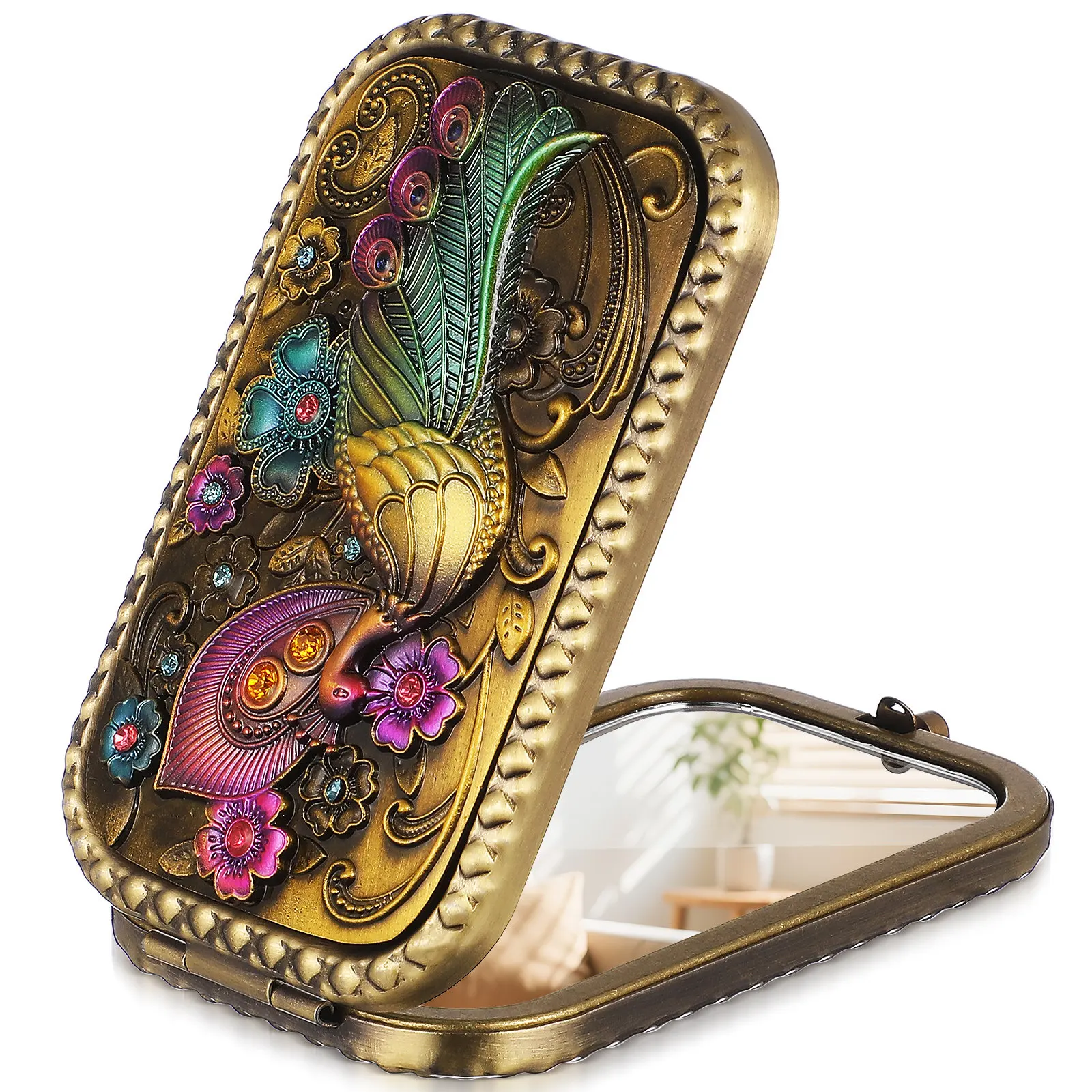 

Винтажное складное медное компактное зеркало с двойным увеличением, портативное металлическое карманное зеркало для макияжа, дорожное зеркало