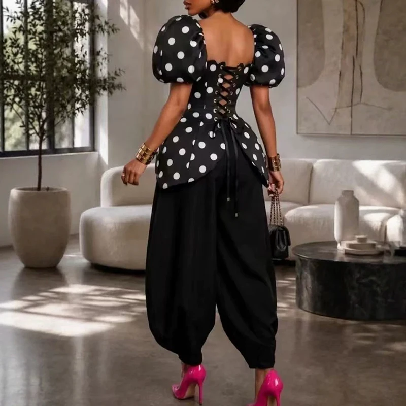 Fashion Color Blocked Women's Vacation Sets Elegant Puff Short Sleeve Commute Outfits High Street Polka Dot Tops And Pants Sets