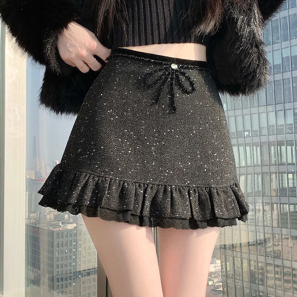 輝く秋冬薄手美服ドレス新作紐付き菌状レースウールショートスカートレディースハイウエストスリムスカート