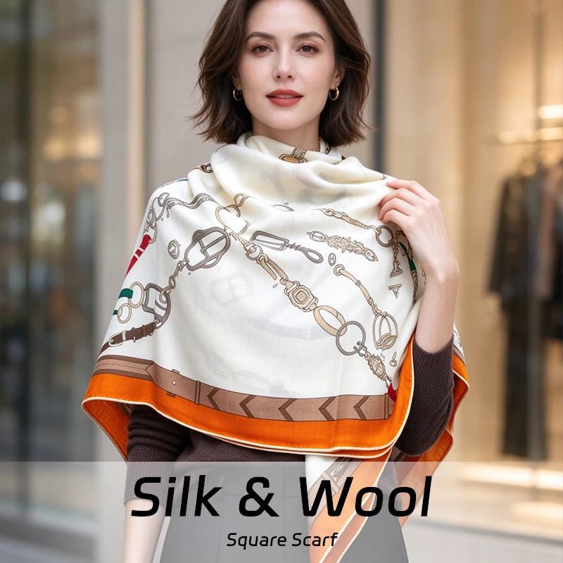 Autumn and Winter Warm Scarf 30% Pure Natural Silk+70% Wool 130x130CM Double-sided digital printing Shawl Square Scarf
