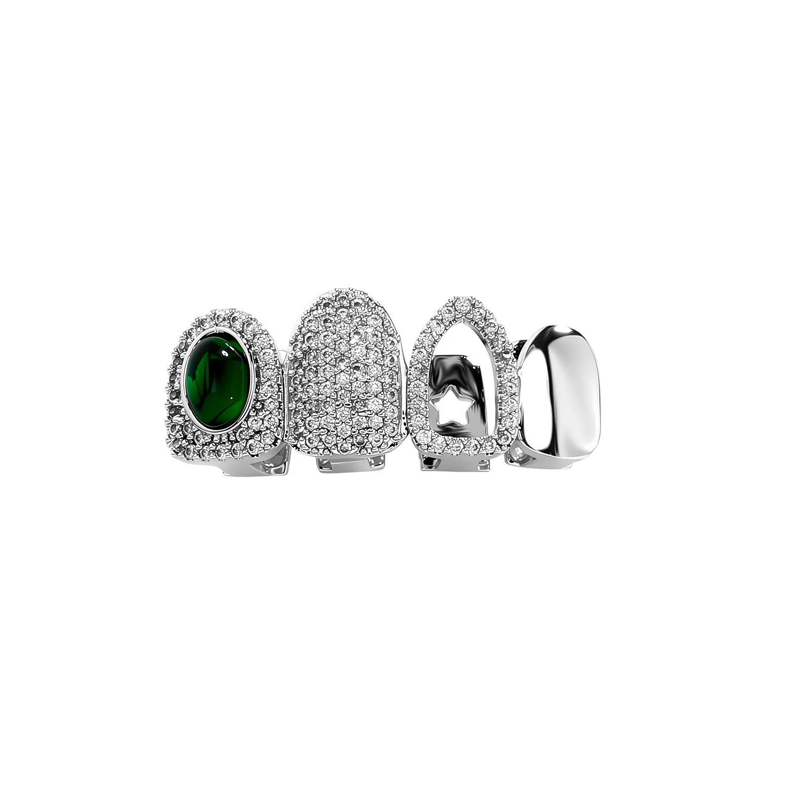Hip Hop Green Stone 4 Tooth Grillz Top Bottom Set Gold Silver Star Hollow Smooth Men Personality Party Mouth Accessory Wholesale