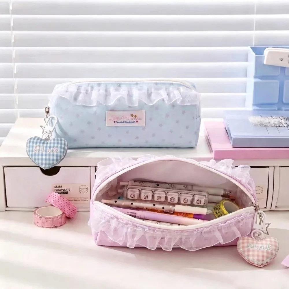 Large Capacity Pencil Case Ruffle Lace Design Star Pattern Pen Bag Portable Size Multifunctional Makeup Storage Pouch For Girls