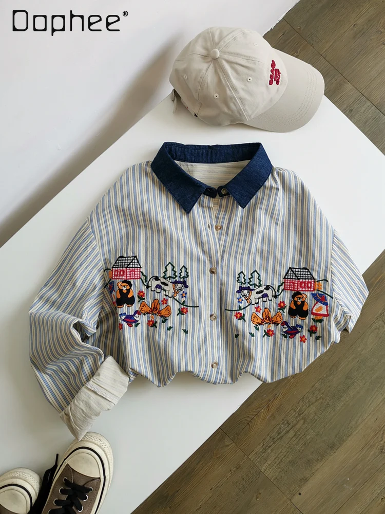 

Джинсовый топ с лацканами, свободная повседневная рубашка в вертикальную полоску в стиле ретро с длинными рукавами, женская однобортная рубашка на весну и осень