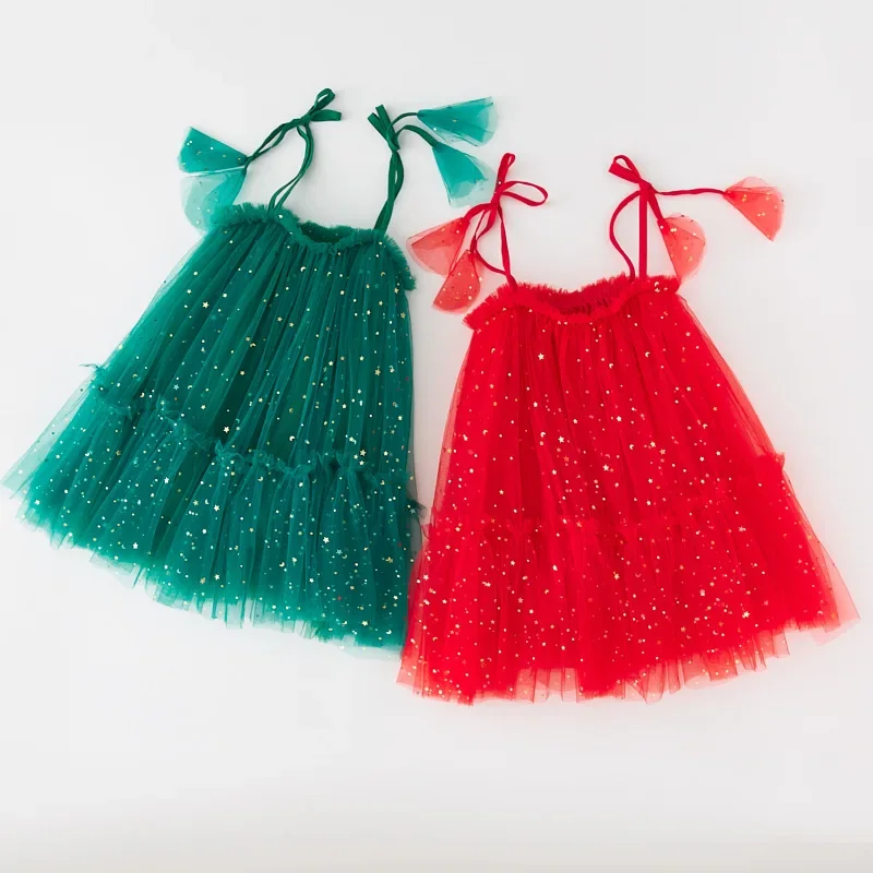 

Christmas Princess Dress Kids Baby Girl Summer Red Tulle Dress Sequin Sleeveless Strap Ruffle Lace Mesh Girls Xmas Party Costume