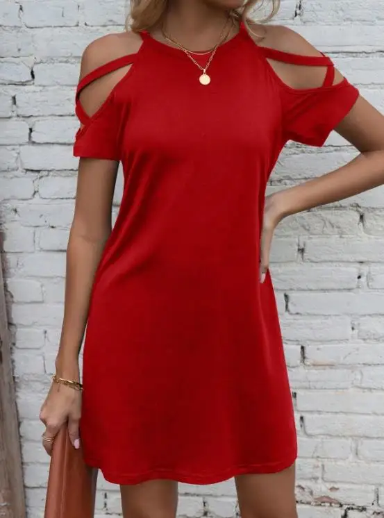 

Women's 2026 Spring and Summer New Loose Casual Sexy Off Shoulder Knitted Short Sleeve Dress Simple Fashion Elegant Dress