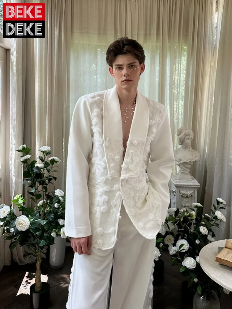 Mens Spliced Flowers Suit Jacket Wide Leg Pants Two Piece Set Loose Fit Spring Summer Designer Elegant Fashion Banquet Suits Set