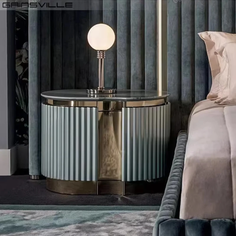 

Curved stainless steel dark green bedroom modern luxury bedside table with drawers