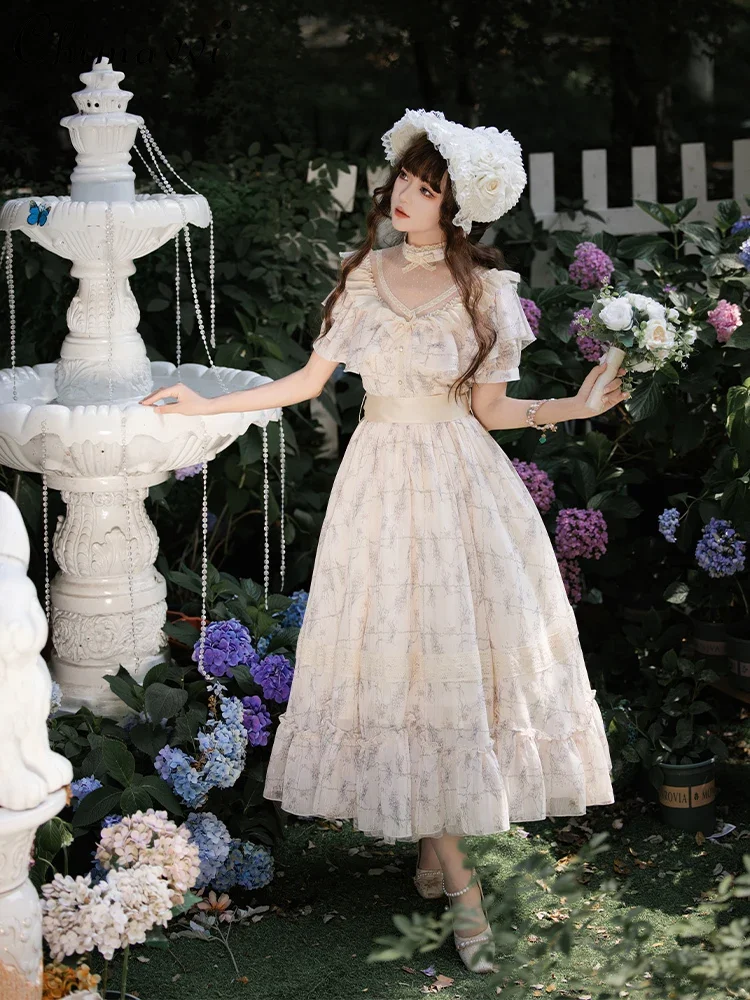 

Original Design Cla Chiffon Lo Dress Spring Summer Sweet Girl Lace Stitching High Waist Princess Elegant Mid-length Lolita Dress