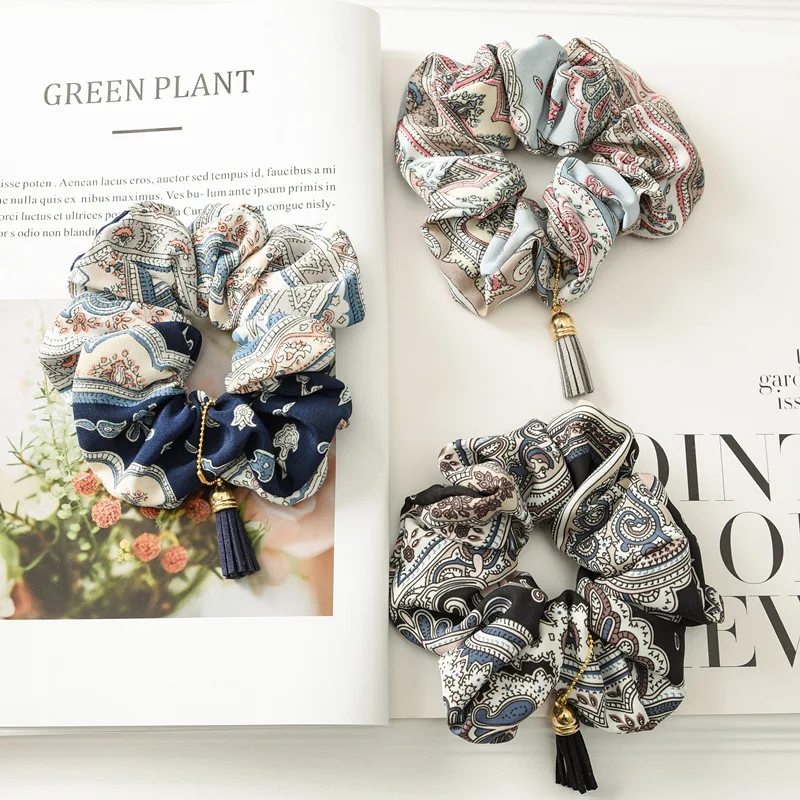 

New retro fabric fringed streamer high elastic elastic band hair band