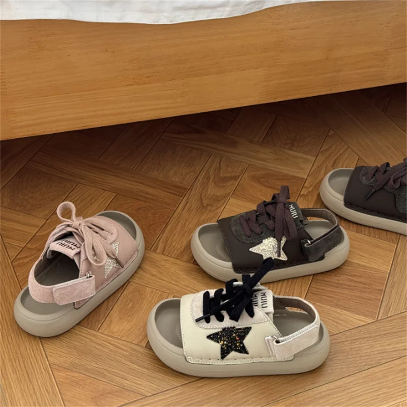 2025 New Summer Children Sandals Leather Glitter Star Unisex Kids Shoes Soft Sole Non-slip Fashion Girls Boys Beach Sandals
