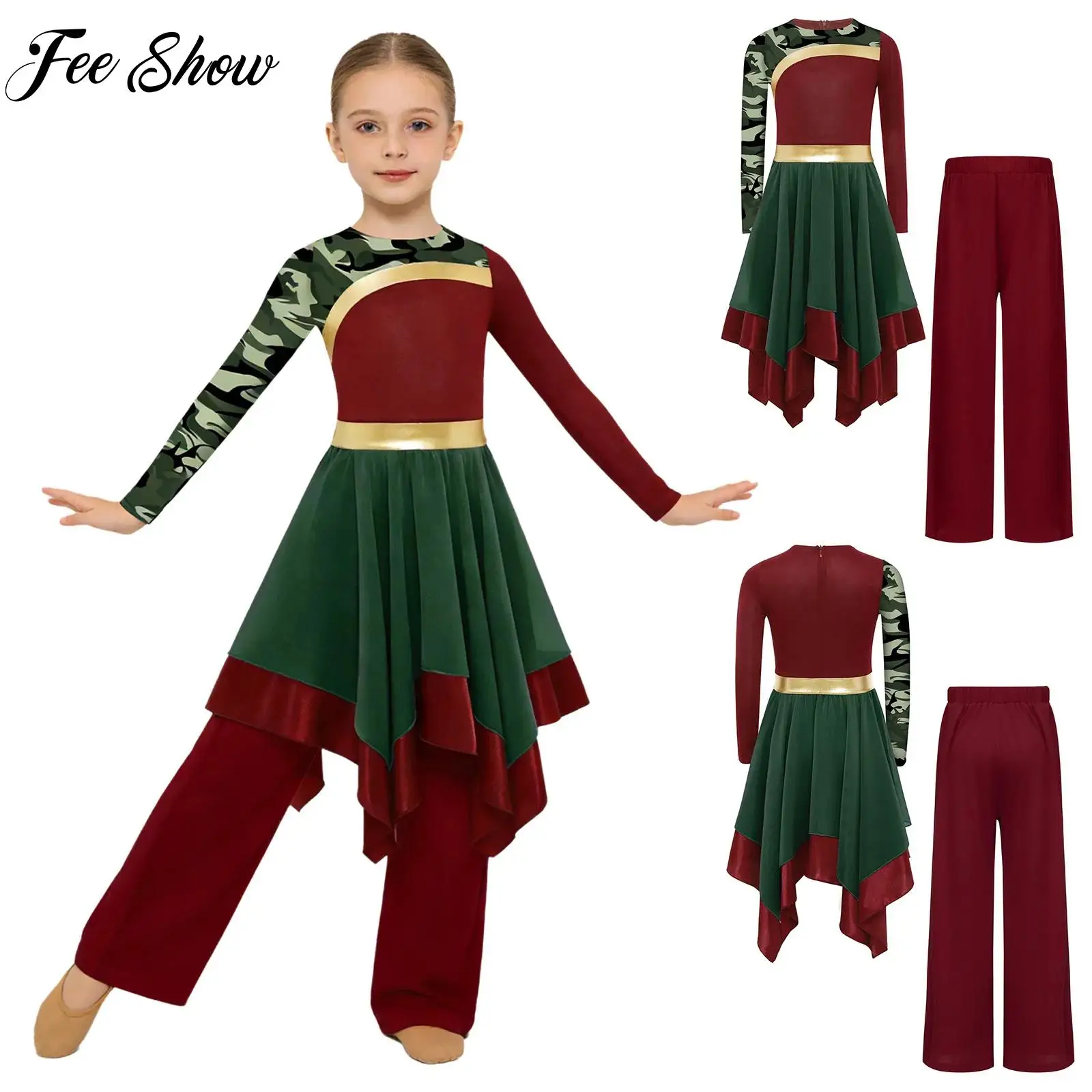 

Kids Girls Church Choir Performance Outfit Worship Praise Dance Lyrical Liturgical Dance Costumes Long Sleeve Dress And Pants
