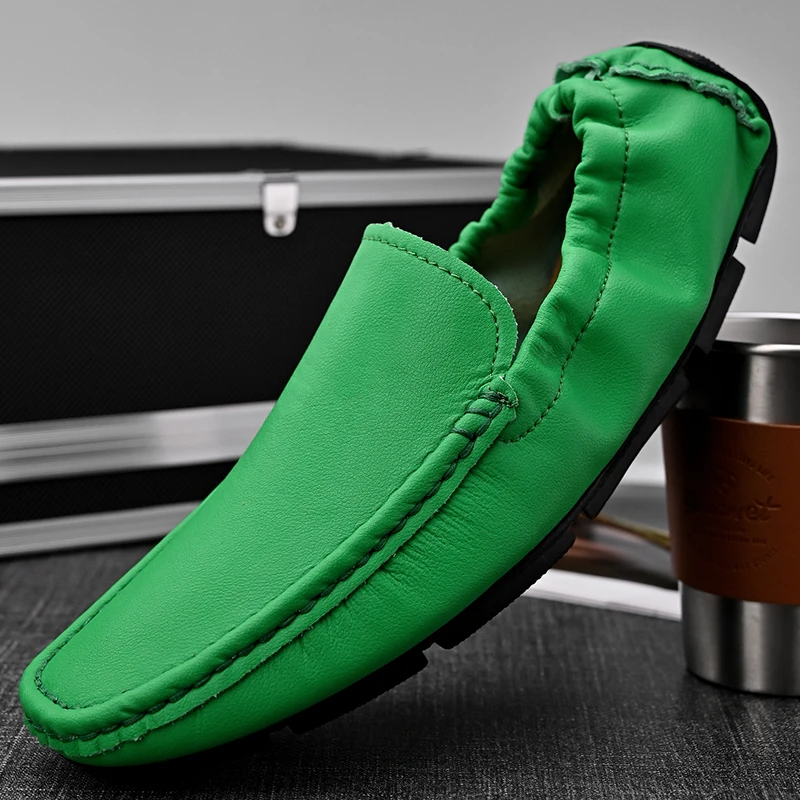 Genuine Leather Men Loafers Shoes High Quality Moccasins Driving Shoes Green Orange Office Shoes Casual Loafers Big Size 48 47