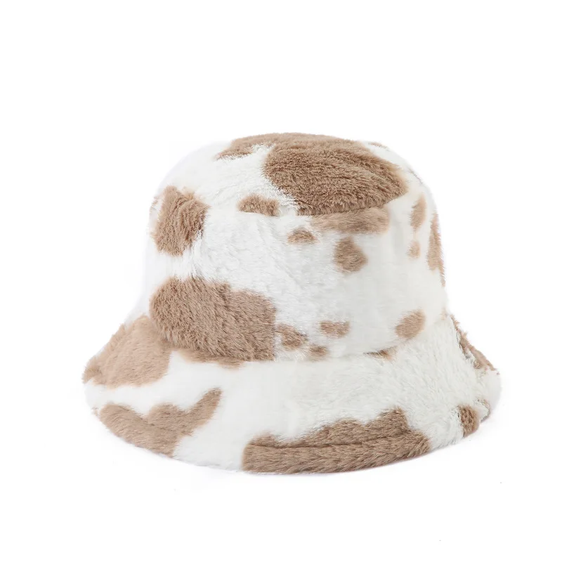 Women Cow Print Plush Bucket Hats Winter Outdoor Keep Warm Hat Trendy Ear Protection Fisherman Cap Soft Velvet Furry Panama Caps