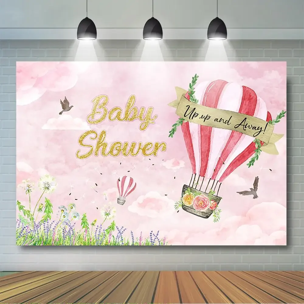 Up Up and Away Baby Shower Backdrop Hot Air Balloon Photo Background Boys Girls Baby Shower Party Decor Dessert Table Banner