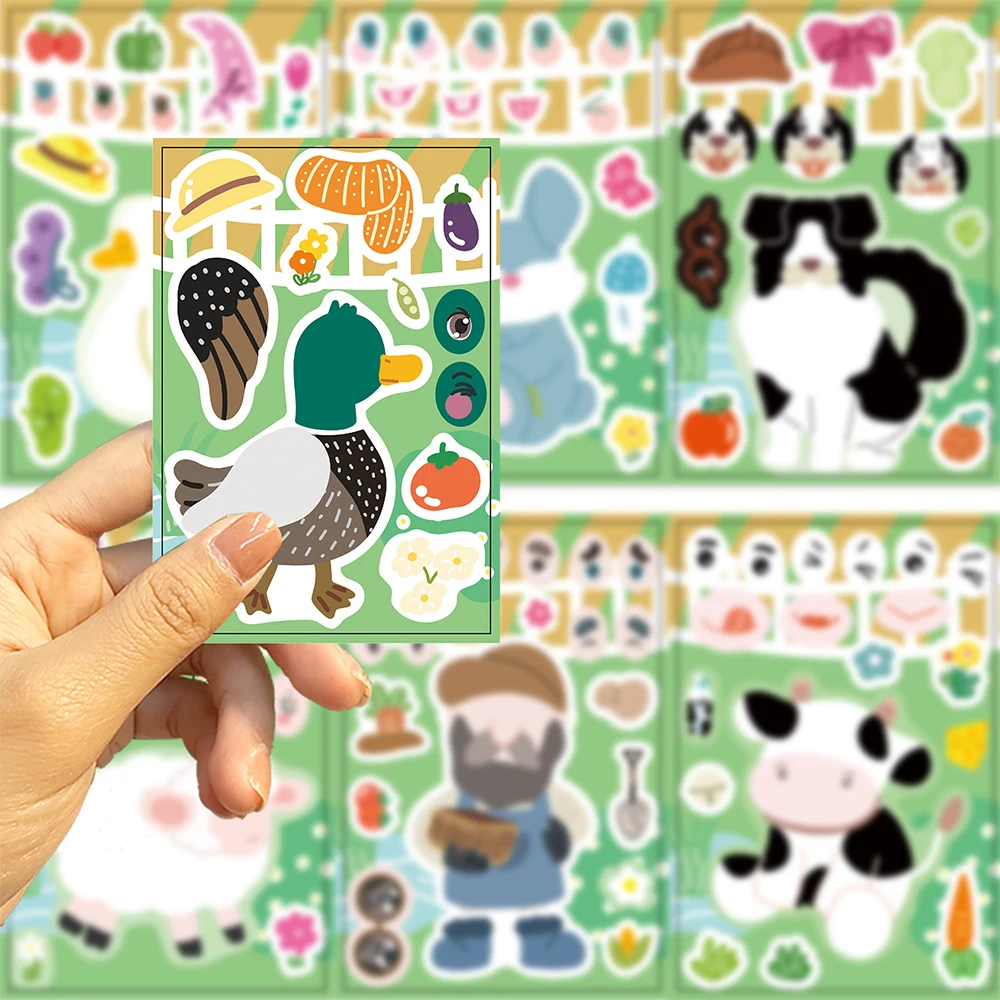 8/16 Arkuszy Urocze Naklejki Puzzle z Kreskówkowymi Zwierzętami dla Dzieci DIY Zabawki do Samodzielnego Wykonania, Zabawne Naklejki do Składania, Edukacyjna Zabawka dla Dzieci