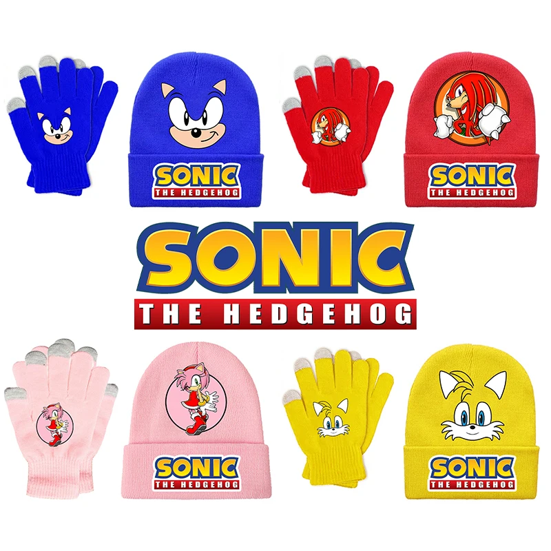

2pcs Soniced Knitted Hat Gloves Winter Warm Hat Cartoon Anime Finger Gloves Boys Girls Woolen Hats Fashion Woolen Gloves Gift