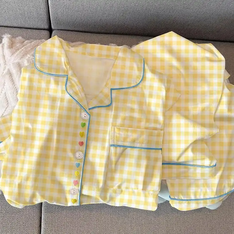 Kawaii leite amarelo xadrez primavera e outono roupas de casa para meninas, novo doce e amoroso pijama de manga comprida conjunto de duas peças