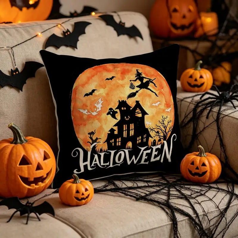 2 Stück Halloween-Kissenbezüge mit Aufdruck, gruselige Atmosphäre, Kissenhülle für Wohnzimmer, dekorative Sofakissenbezüge 45x45cm – Detail 6