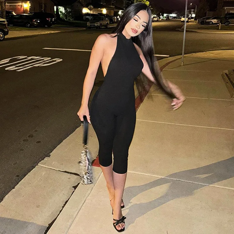 

2025 Summer New Product Solid Color Sleeveless Neck Halter Sexy Slim Jumpsuit European and American Women's Clothing