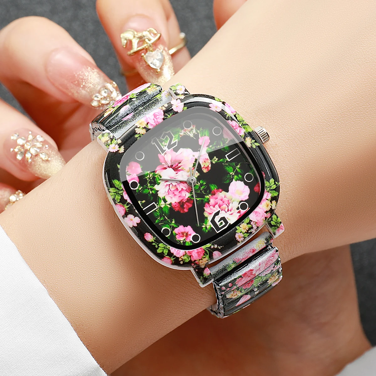 Floral Print Square Women Quartz Watch Elastic Adjustable Strap Vintage Floral Wristwatch Relogio Feminino（Without Box）