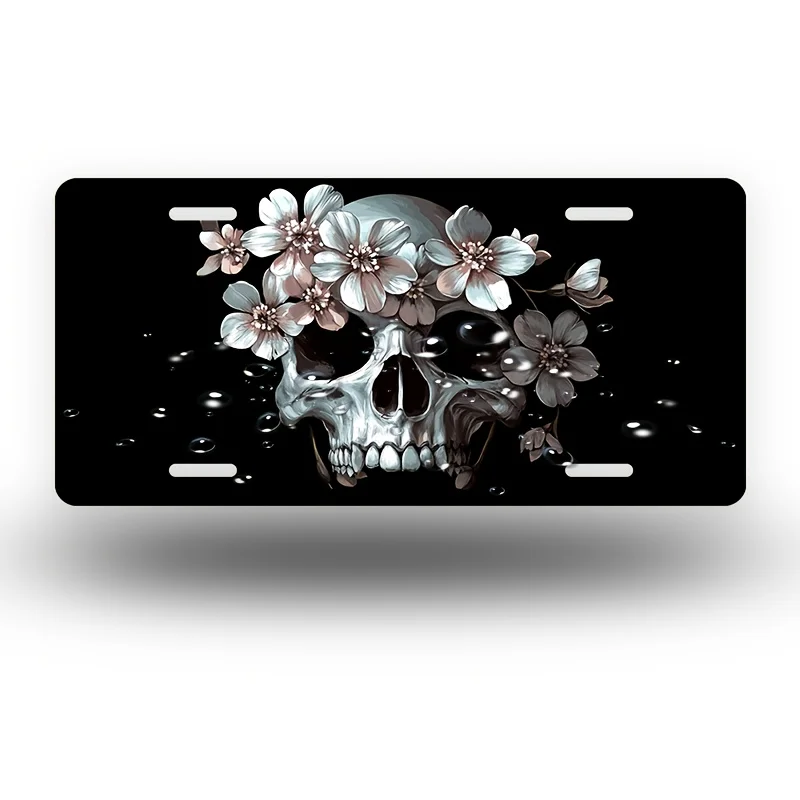 Skull Adorned with Flowers Front License Plate, Aluminum License Plate Covers & Frames, Funny Standard Plates Novelty for Decora