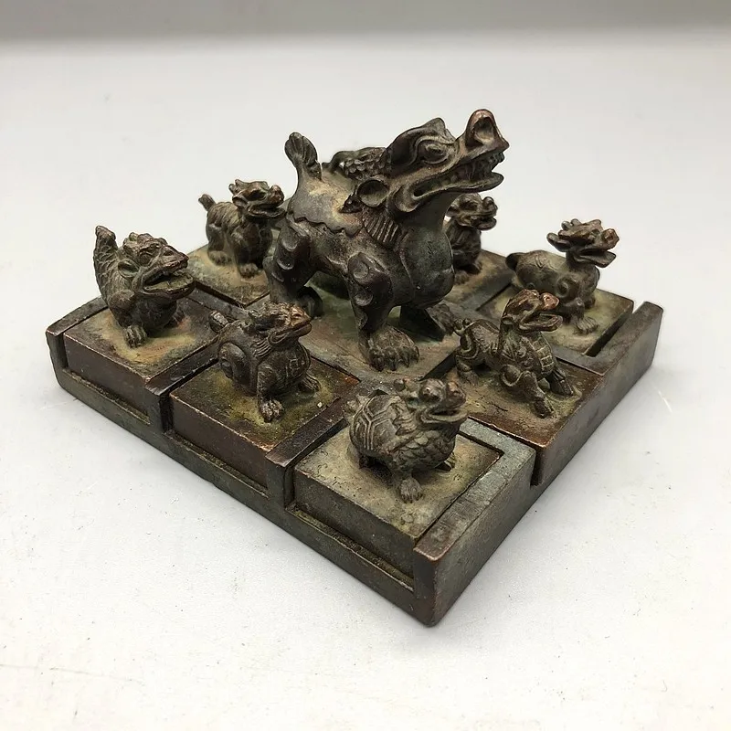 Retro Bronze Dragon Seal Nine Dragons Mother and Child Seal Set Antique Collection Zodiac Dragon Craft Ornament Home Decor