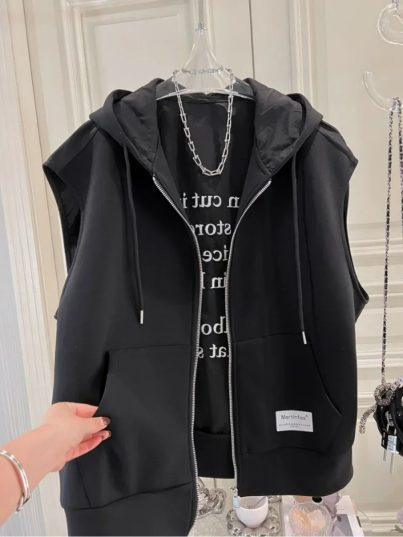 Com capuz Gola Solta Casual Idade Reduzir Chaquetas Carta Imprimir Zipper Sem Mangas Vest Casaco Chic Plus Size Moda Casaco Com Capuz