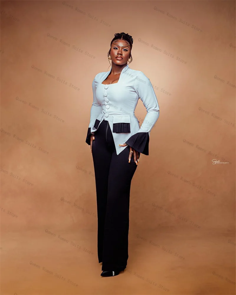 

White Black Women Suit Set 2 Piece Blazer+Pants Trousers Formal Office Lady Jacket Flare Sleeves Wedding Bridal Coat Customized