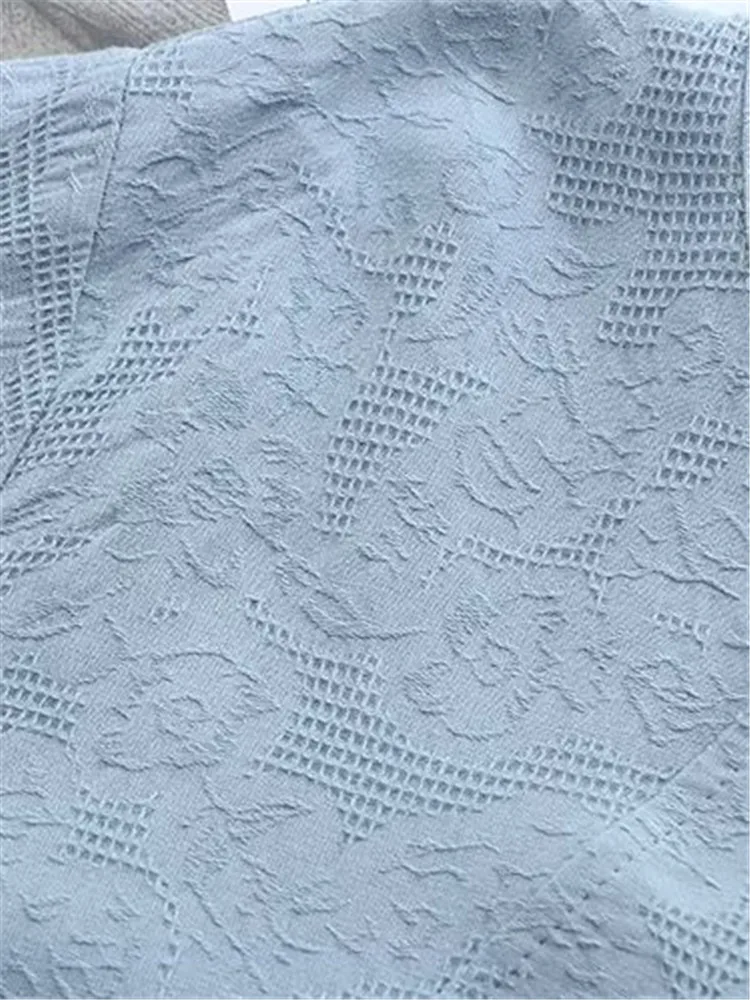 Plus Size Women\'s Shirt Cotton Self-Patterned Seventh Sleeve Shirt With Pockets and Embroidered Floral Motifs For Spring& Summer