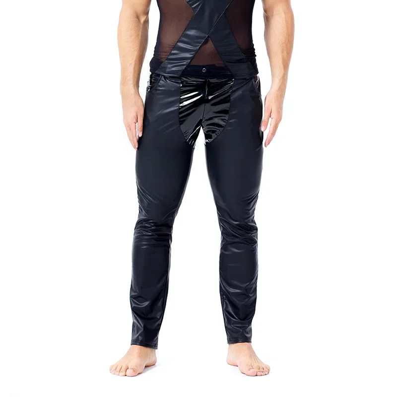 Сексуальный Mannelijke Splice Leren Broek Fad Strakke Lakleren Outfit Herenkleding Искусственная кожа Punk Broek Elastische Strakke Broek