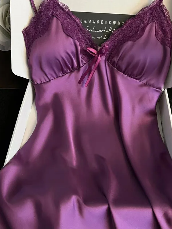 セクシーな女性のための V ネックアイスシルクレースパッチワークサスペンダー胸クッション紫色のドレス韓国スタイルソフトガールドレストレンディ DK92