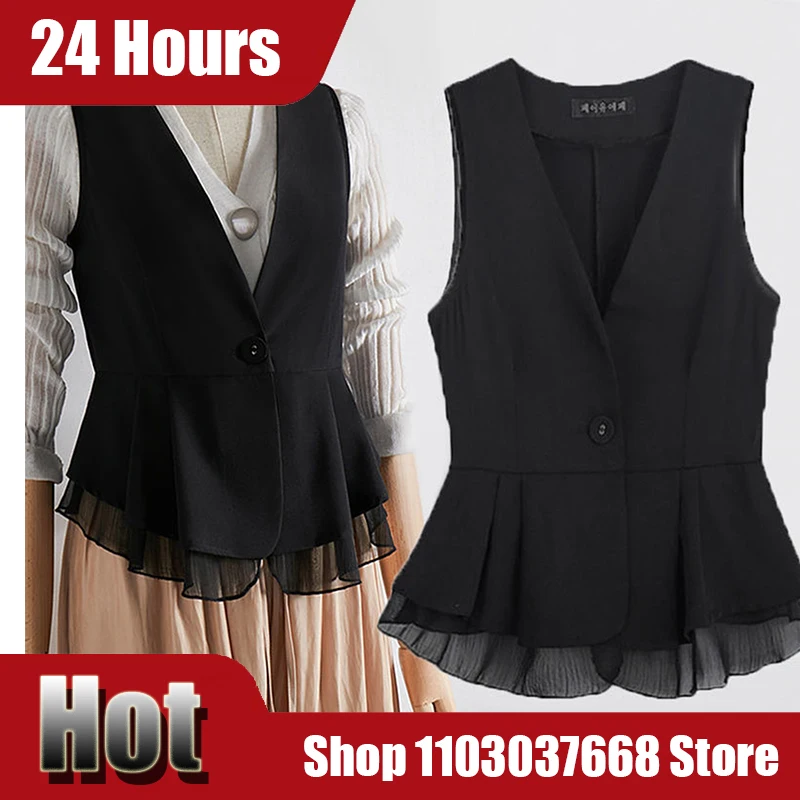 

Women's Chiffon Vest Spring Summer Thin Short Sleeveless Vest Waistcoat Female Korean Slim And Slim Cardigan Black Vest 2025 ﻿