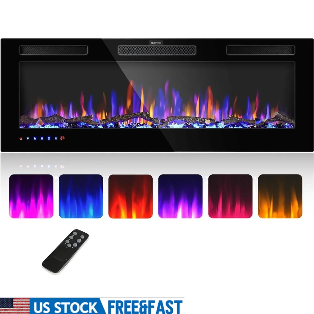 

50inch Electric Fireplace Insert Wall Mounted Recessed Heater Indoor Floating Faux Fireplace Remote Control Simulated Flame