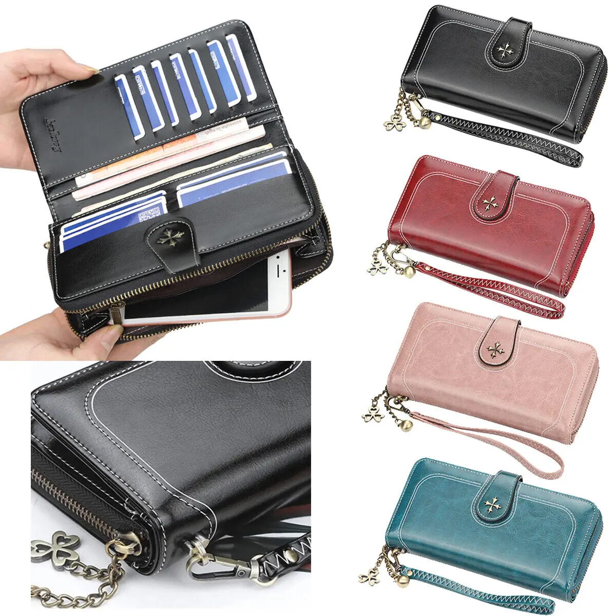 

Women's Wallets PU Leather Zipper Money Phone Bag Female Long Purse Small Coin Card Holders Ladies Clutch Wallet with Hand Strap