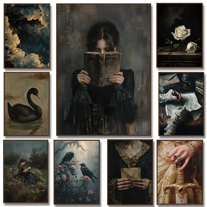 Póster de Cisnes y Cuervos con Mujer Victoriana Leyendo un Libro, Mariposas y Rosas Blancas, Arte de Pared en Lienzo, Impresión de Pintura, Decoración para el Hogar Estilo Academia Oscura