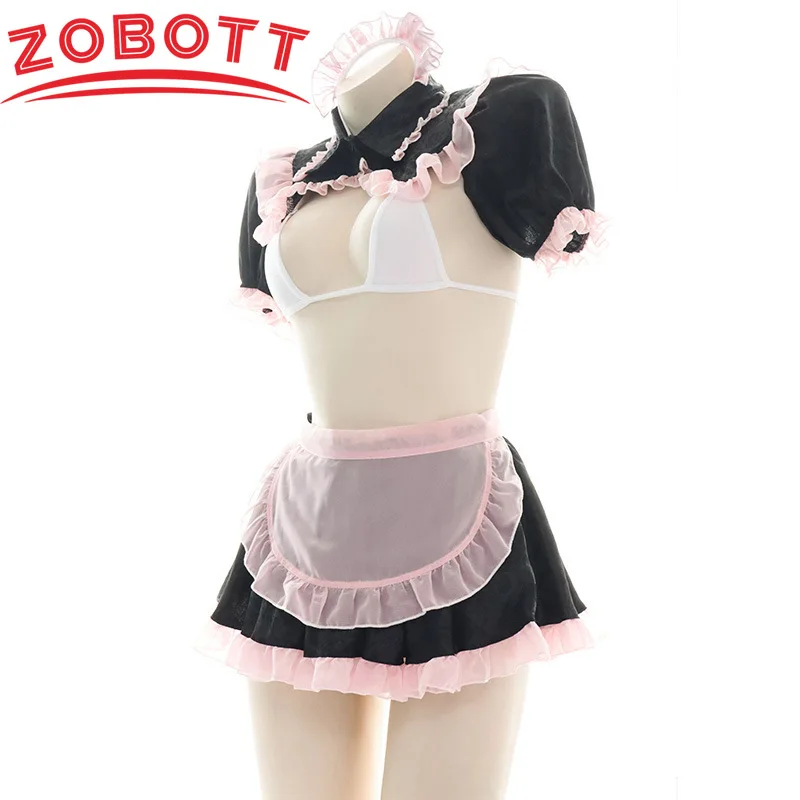 Hollow Out Lace Maid Uniform Backless Mesh Chiffon Dress Anime Cosplay Sailor Costumes Cute Black Pink Sexy Lingerie Set