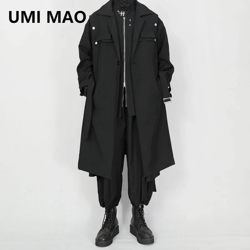 UMI MAO Yamamoto Men Trench Coat Autumn Winter New Casual Men's Black Large Loose Lace Up Long Knee Over Windbreaker Coat Trend