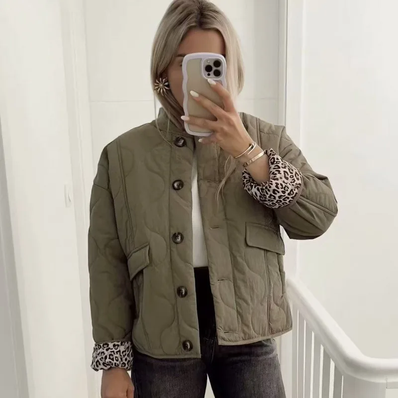 Ladies Quilted Padded Jacket Stand Collar Loose Short Coat Women Winter Warm Casual Outerwear With Leopard Lining & Big Pockets