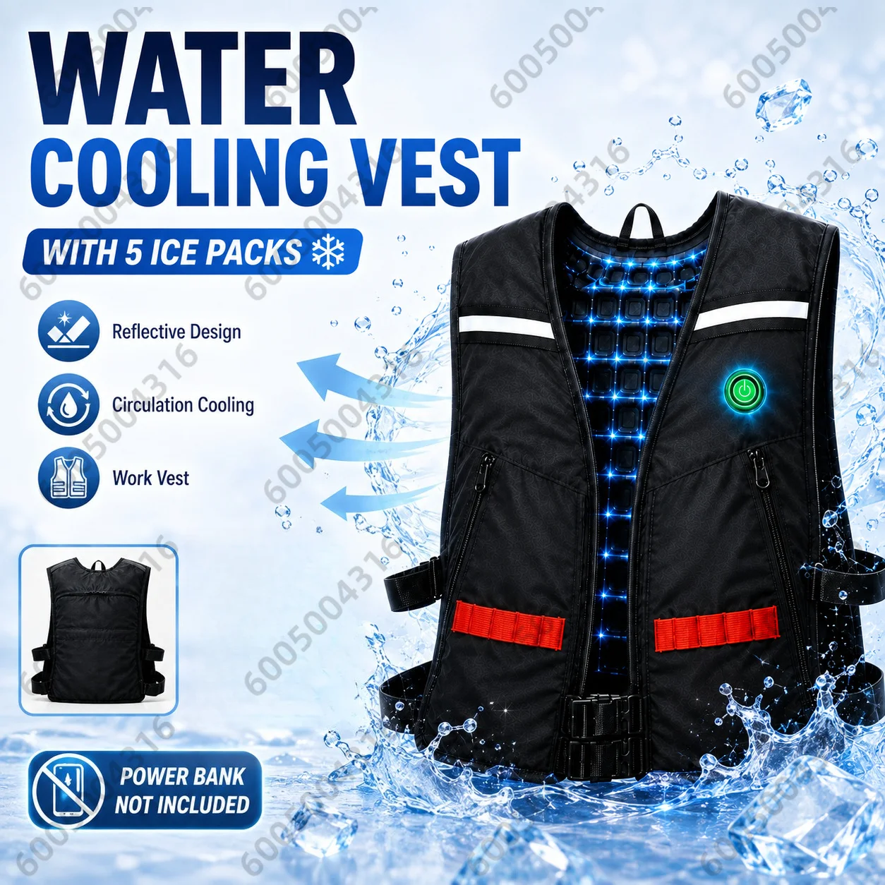 Reflective Water Cooling Vest with 5 Ice Packs Full Circulation Cooling Wear for Construction Fishing Power Bank Not Included