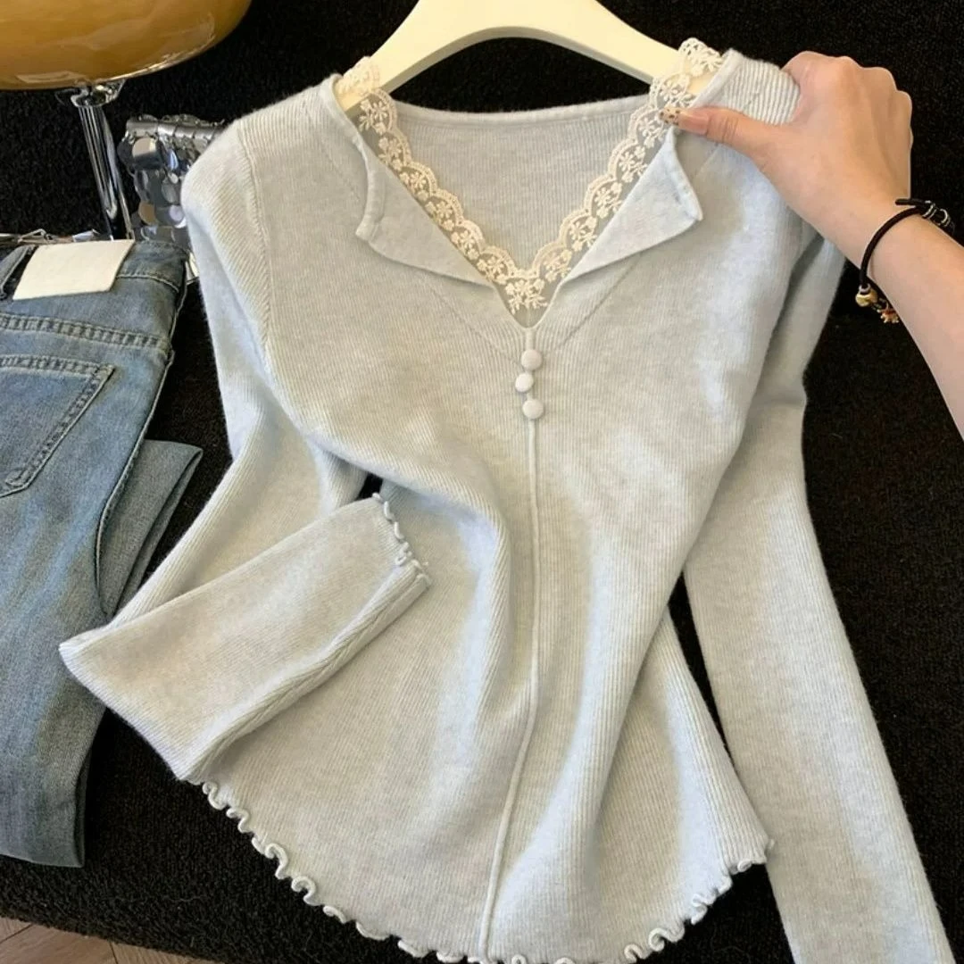 Splicing Turn-down Collar Long Sleeved Slim Fit Knit Sweater For Women's Autumn Two Pieces Lace Fungus Base Shirt Top