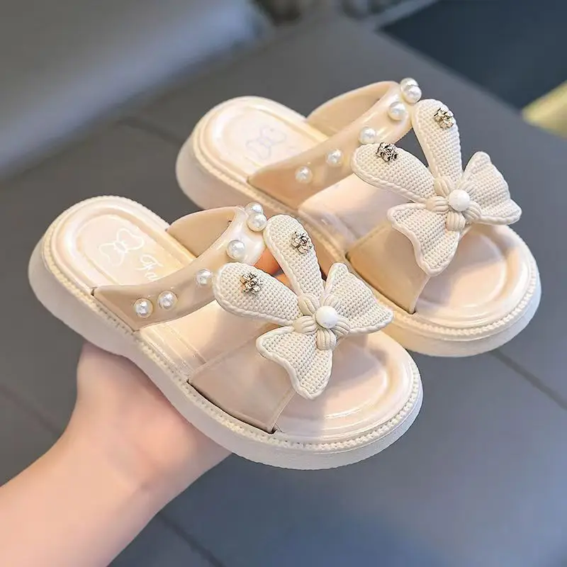 Zapatillas de verano con lazo para niños, sandalias antideslizantes de suela suave para niñas, lindas sandalias de princesa, zapatillas de playa al aire libre, Zapatillas de casa