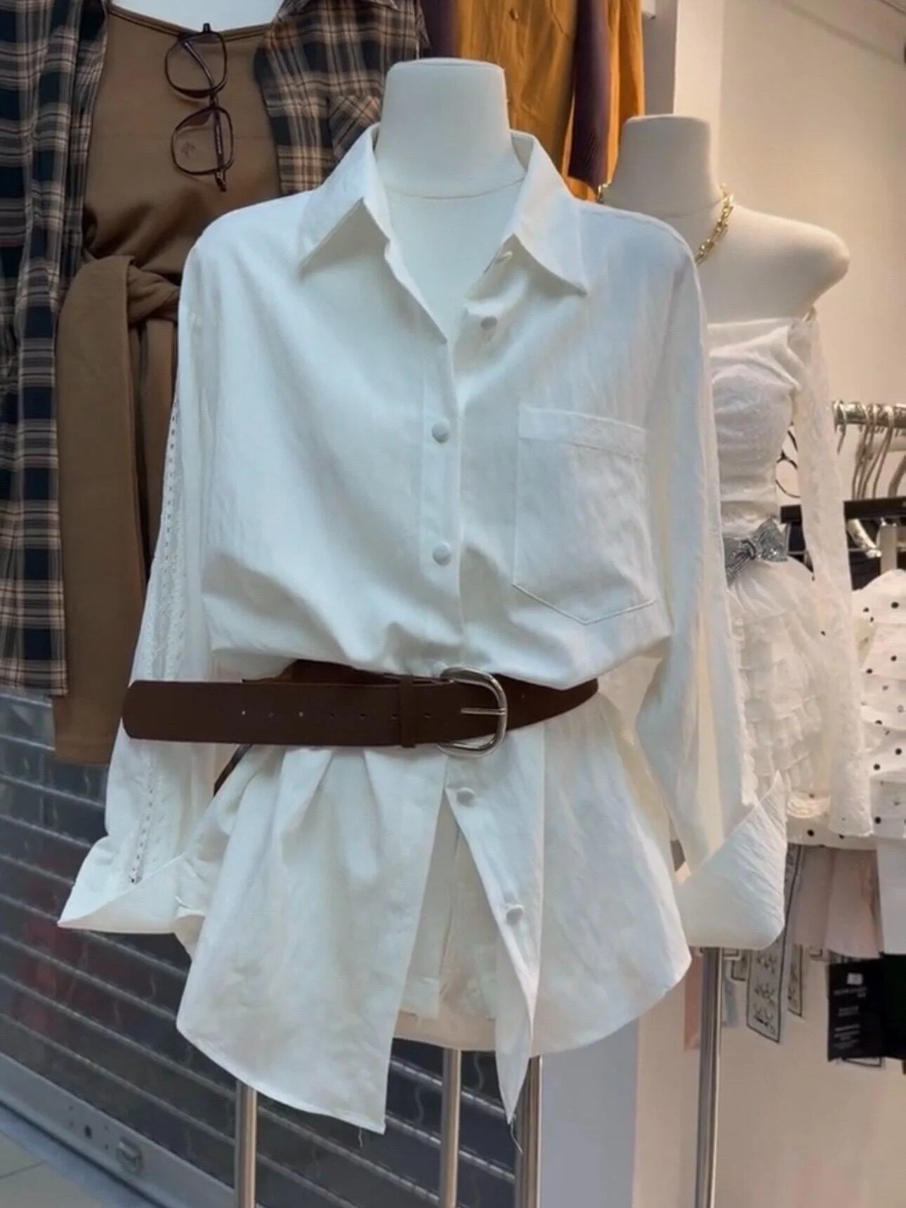 

Elegant White Long Sleeve Shirt Women's Loose Fit Belted Spring 2026 New Style French Style Cotton Polyester Blend Breathable